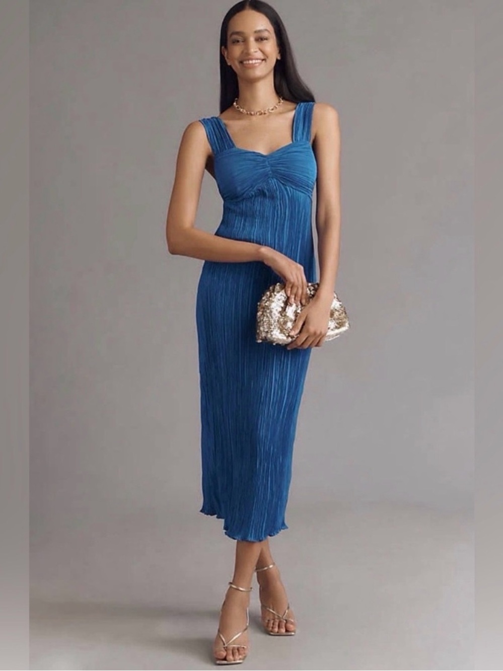 🆕 ANTHROPOLOGIE Pleated Satin Midi Dress Blue NWT Size XS Women’s